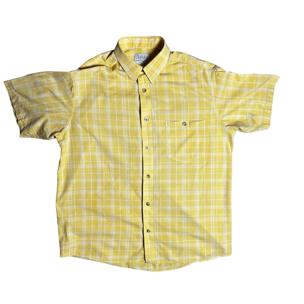 Cabela's Men’s Size Large‎ Yellow w/ White Stripes Button-Up Short Sleeve Shirt